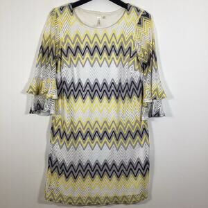 Tacera Midi Shift Dress XL Chevron Zig Zag Crochet Boho Yellow Grey Bell Sleeve